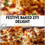 Close-up of Best Ever Baked Ziti with bubbling cheese served at a holiday dinner table 26